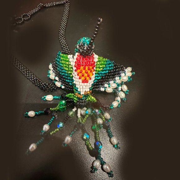 Hand beaded hummingbird necklace. 28".  Multicolor. Enhanced with pearl beads. - Picture 4 of 5